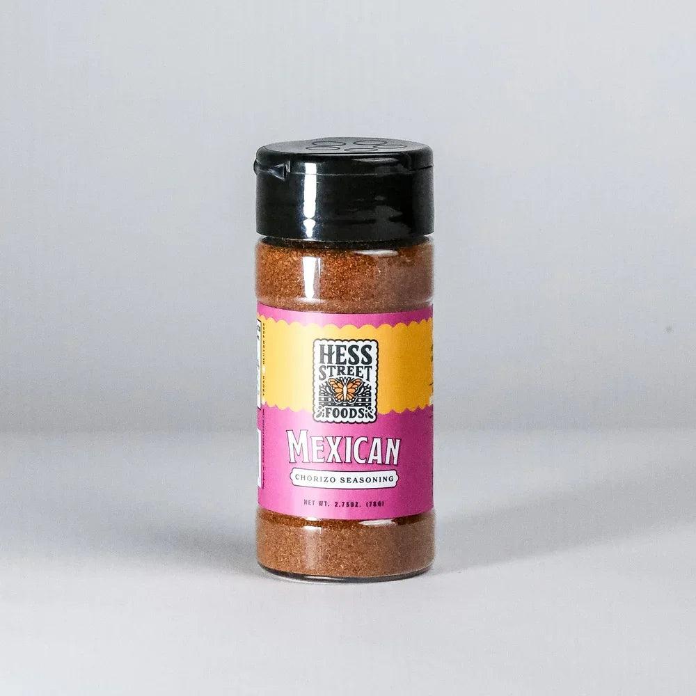 Mexican chorizo seasoning in clear bottle with pink and yellow label, gluten-free keto spice blend